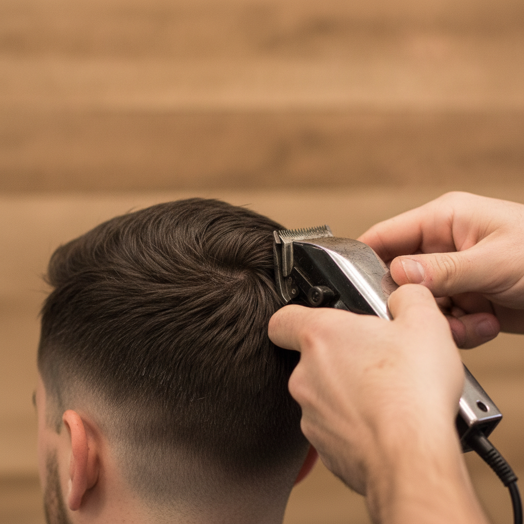 A close-up of a barber's skilled hands precisely using clippers to create a fade on the nape of a client's head, the focus on the intricate detail of the haircut without showing any recognizable faces