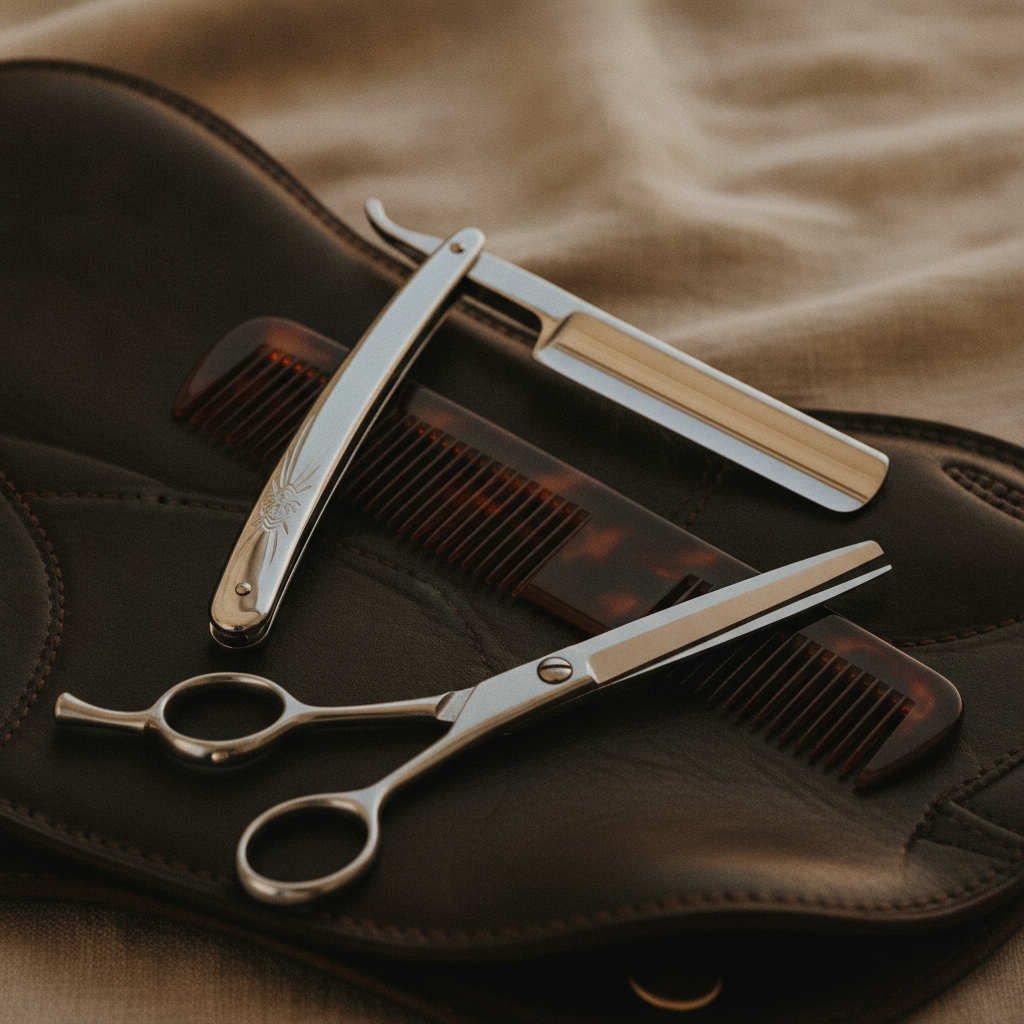 An extreme macro shot of a shiny straight razor, a classic barber comb, and sharp scissors resting on a textured dark leather surface, with subtle brass reflections hinting at the opulent surroundings