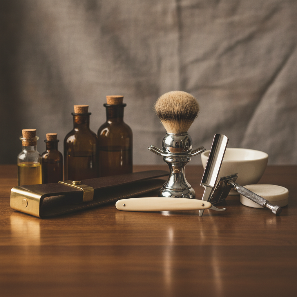 A wide shot of a classic men's barbershop interior, featuring two antique barber chairs, dark wooden shelves displaying neatly organized barber tools, a warm overhead lamp, and a distinctive black and