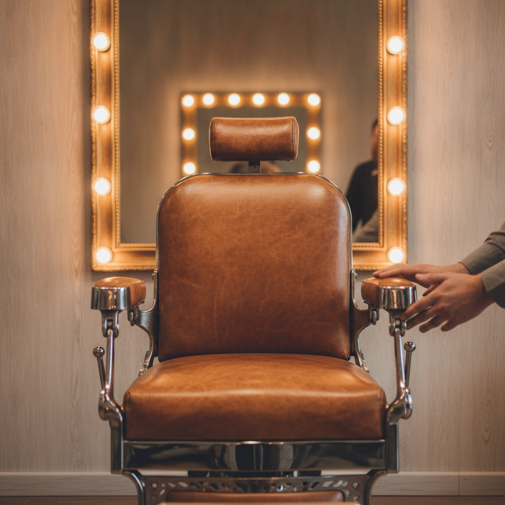 A vintage leather and chrome barber chair standing majestically in warm incandescent light, a large ornate mirror with exposed bulbs behind it, reflecting the classic barbershop interior; no people, d